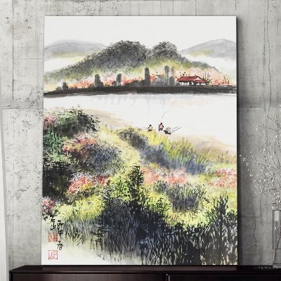 op035 (이종구) 한국화 강변의봄 채색화  캔버스그림